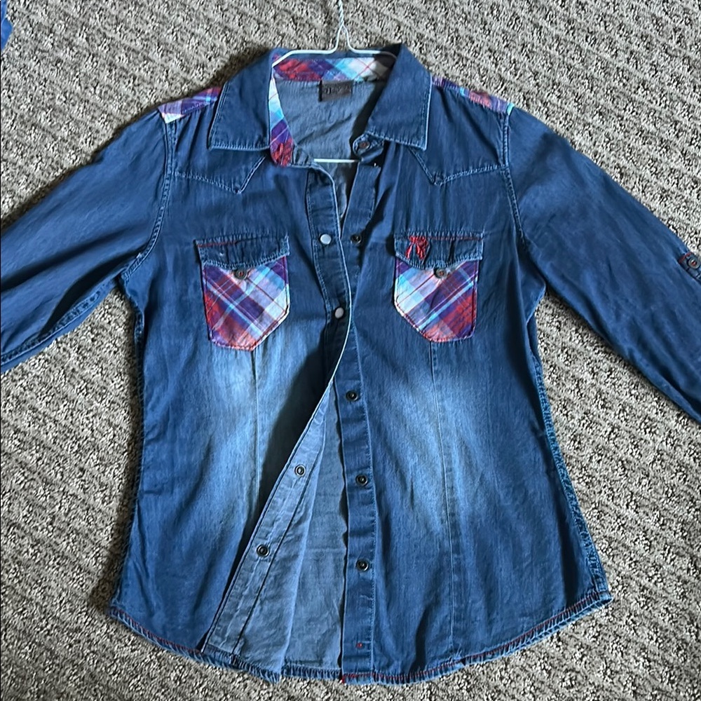 Women’s Denim Shirt with Plaid Details